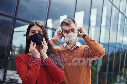 Business People team with protective medical safety Mask standing at Office Urban Building CoronaVirus in Business new normal outbreak Concept Business People team with protective medical safety Mask standing at Office Urban Building CoronaVirus in Business new normal outbreak Concept