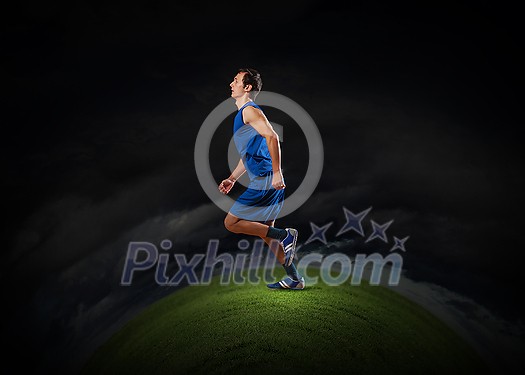 Young running man athlete in blue wear Young running man athlete in blue wear