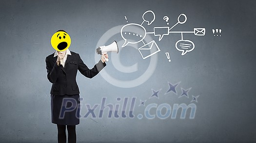 Unrecognizable businesswoman hiding her face behind mask and screaming in megaphone Unrecognizable businesswoman hiding her face behind mask and screaming in megaphone