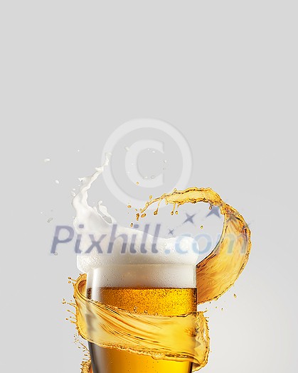 A glass of cold fresh beer with thick white foam and splash around it on a gray background, copy space. Alcohol drinks concept. A glass of cold fresh beer with thick white foam and splash around it on a gray background, copy space. Alcohol drinks concept.