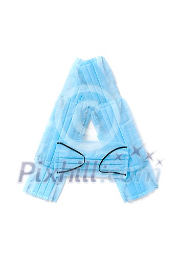 Capital letter A handmade from medical antibacterial protective blue face masks on a white background, copy space. Creative alphabet for making up new words. Capital letter A handmade from medical antibacterial protective blue face masks on a white background, copy space. Creative alphabet for making up new words.