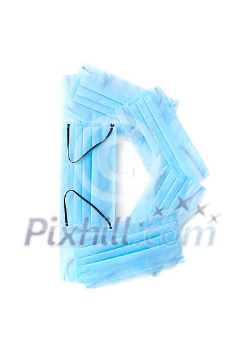 Capital letter D handmade from medical antibacterial protective blue face masks on a white background, copy space. Creative alphabet for making up new words.