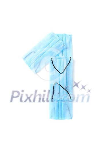 Figure 1, one handmade from medical antibacterial protective blue face masks on a white background, copy space. Creative typeface for making up new numerical information. Figure 1, one handmade from medical antibacterial protective blue face masks on a white background, copy space. Creative typeface for making up new numerical information.
