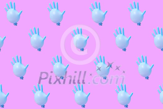 Creative pattern from blue rubber surgical gloves as flying balloons against a hot pink background. Creative pattern from blue rubber surgical gloves as flying balloons against a hot pink background.