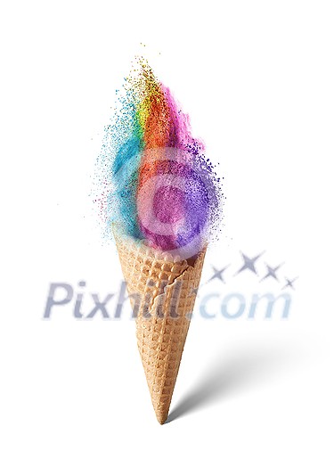 Waffle cone with ice cream in the shape of colorful rainbow dust explosion vertically standing on a light gray background with soft shadow, copy space. Waffle cone with ice cream in the shape of colorful rainbow dust explosion vertically standing on a light gray background with soft shadow, copy space.