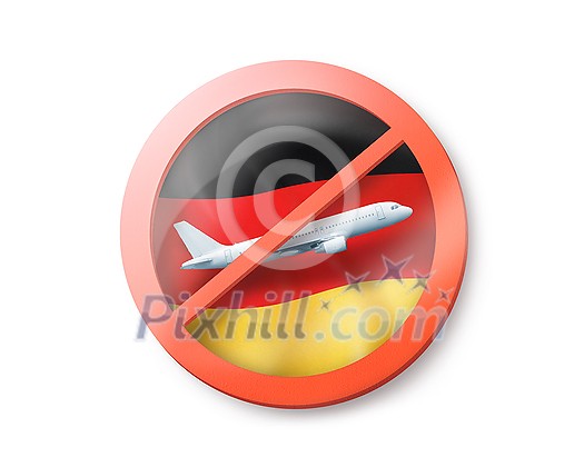 Forbbiden sign with crossed out white plane on the German flag on a white background, copy space. Restriction of entry into Germany. Quarantine concept. 3D illustration Forbbiden sign with crossed out white plane on the German flag on a white background, copy space. Restriction of entry into Germany. Quarantine concept. 3D illustration
