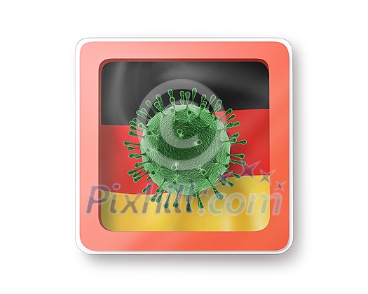 Warning sign with model of Coronavirus molecule on the German flag on a white background, copy space. Rapid spread of Coronavirus, Covid 19 in the world. 3D illustration Warning sign with model of Coronavirus molecule on the German flag on a white background, copy space. Rapid spread of Coronavirus, Covid 19 in the world. 3D illustration