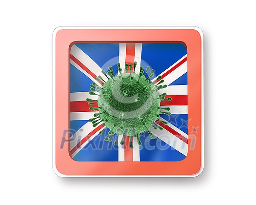 Warning sign with model of Coronavirus molecule on the British flag on a white background, copy space. Rapid spread of Coronavirus, Covid 19 in the world. 3D illustration Warning sign with model of Coronavirus molecule on the British flag on a white background, copy space. Rapid spread of Coronavirus, Covid 19 in the world. 3D illustration