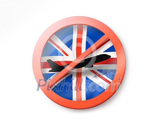 Prohibition sign with crossed out black plane on the British flag on a white background, copy space. Restriction of entry into Great Britain. Quarantine concept. 3D illustration Prohibition sign with crossed out black plane on the British flag on a white background, copy space. Restriction of entry into Great Britain. Quarantine concept. 3D illustration