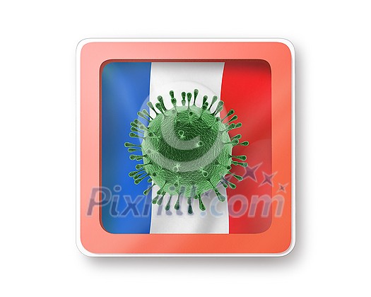 Warning sign with model of Coronavirus molecule on the France flag on a white background, copy space. Rapid spread of Coronavirus, Covid 19 in the world. 3D illustration