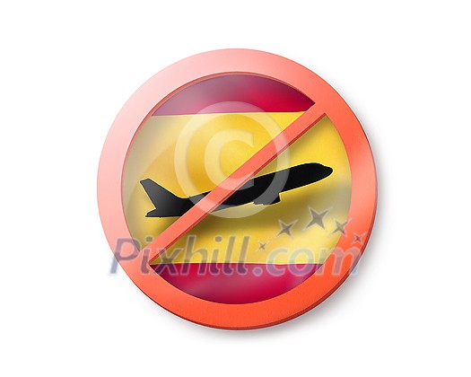 Prohibition sign with crossed out white plane on the Spanish flag on a white background, copy space. Restriction of entry into Spain. Quarantine concept. 3D illustration Prohibition sign with crossed out white plane on the Spanish flag on a white background, copy space. Restriction of entry into Spain. Quarantine concept. 3D illustration