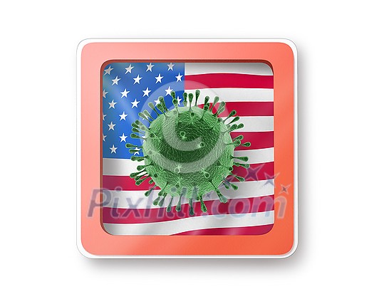 Warning sign with model of Coronavirus bacteria on the American flag on a white background, copy space. Rapid spread of Coronavirus, Covid 19 in the world. 3D illustration Warning sign with model of Coronavirus bacteria on the American flag on a white background, copy space. Rapid spread of Coronavirus, Covid 19 in the world. 3D illustration