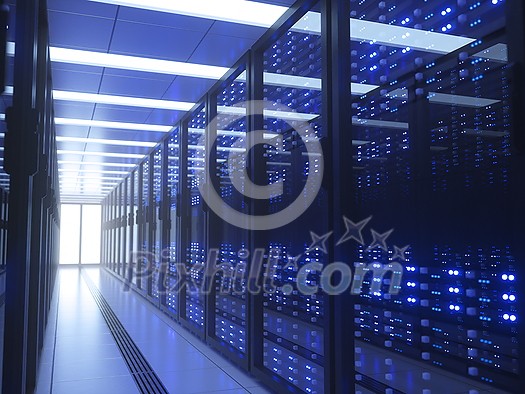 Server racks in computer network security server room data center. 3D render dark blue Server racks in computer network security server room data center. 3D render dark blue