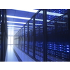 Server racks in computer network security server room data center. 3D render dark blue
