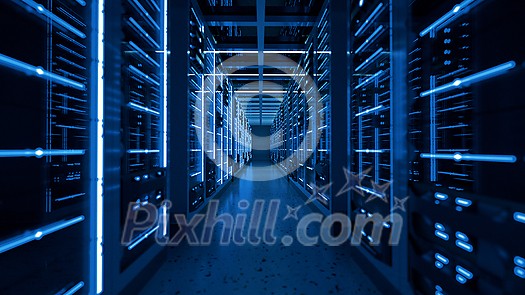 Server racks in computer network security server room data center. 3D render dark blue Server racks in computer network security server room data center. 3D render dark blue