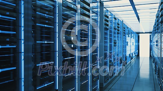 Server racks in computer network security server room data center. 3D render dark blue Server racks in computer network security server room data center. 3D render dark blue