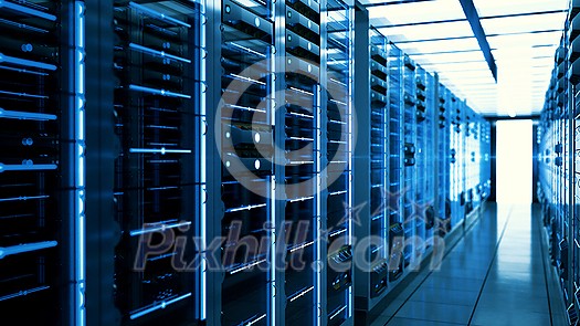 Server racks in computer network security server room data center. 3D render dark blue Server racks in computer network security server room data center. 3D render dark blue
