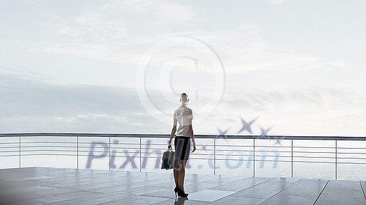 Back view of businesswoman standing on roof looking at city Back view of businesswoman standing on roof looking at city