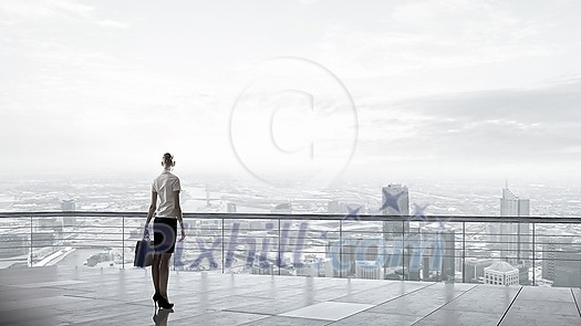 Back view of businesswoman standing on roof looking at city Back view of businesswoman standing on roof looking at city