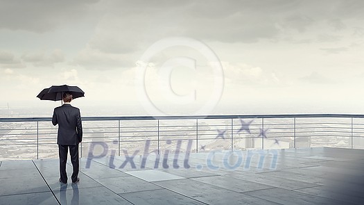 Back view of businessman with umbrella looking at city Back view of businessman with umbrella looking at city