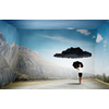 Bad luck and crisis concept with young businesswoman with black umbrella 