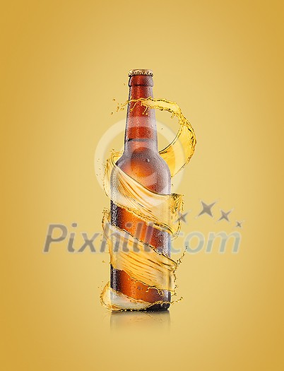 Creative spiral beer's splash around brown bottle with water droplets on a light sand yellow colored backgound, copy space. Refreshing alcohol drinks. Creative spiral beer's splash around brown bottle with water droplets on a light sand yellow colored backgound, copy space. Refreshing alcohol drinks.