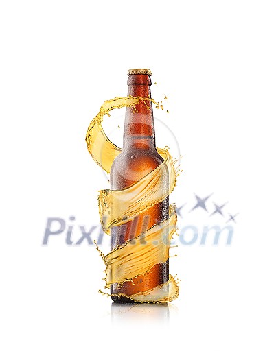 Beer bottle with water drops and creative spiral splash around brown bottle on a white background with copy space. Refreshing alcohol drinks.