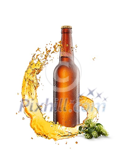 Alcohol composition from cold brown bottle with water drops, beer splash around and branch of natural green hop on a white background, copy space. Refreshing alcohol drinks. Alcohol composition from cold brown bottle with water drops, beer splash around and branch of natural green hop on a white background, copy space. Refreshing alcohol drinks.