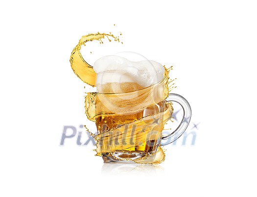 Flying spiral splash of light amber beer around full glass mug of fresh beverage with thick foam on a white background, copy space. Flying spiral splash of light amber beer around full glass mug of fresh beverage with thick foam on a white background, copy space.
