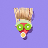 Handmade from colorful paper man's face made from papercraft fruits on a purple background with shadows, copy space. Vegan healthy food.