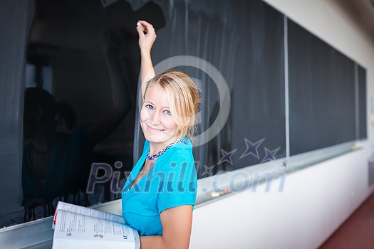 Pretty, young college/university student writing on the chalkboard/blackboa rd during a math class (color toned image; shallow DOF) Pretty, young college/university student writing on the chalkboard/blackboa rd during a math class (color toned image; shallow DOF)