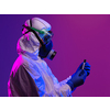 Coronavirus, Doctor holding positive covid-19 virus Blood Sample tube. Wearing biohazard epidemic Protective mask, suit and glows.