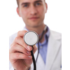 Portrait of hero in white coat.  Cheerful smiling young doctor with stethoscope in medical hospital standing against white  background. Coronavirus covid-19 danger alert