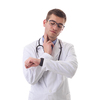 Partial view of  male doctor using smartwatch while checking heartbeat pulse