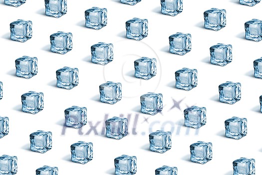 Creative pattern from transparent frozen cold ice cubes for cocktails and fresh drinks on a white backfround with soft shadows. Creative pattern from transparent frozen cold ice cubes for cocktails and fresh drinks on a white backfround with soft shadows.
