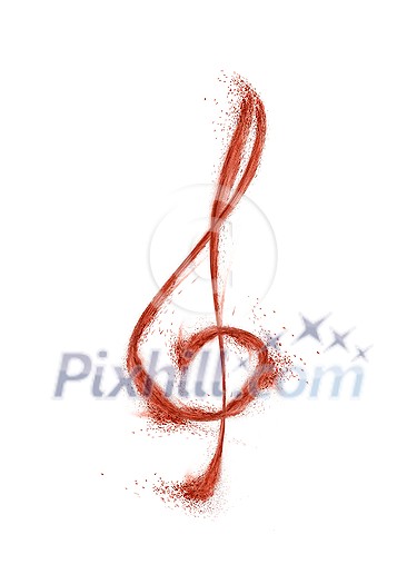 Creative music sign treble clef made from red dust splash on a white background with copy space. Creative music sign treble clef made from red dust splash on a white background with copy space.