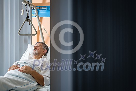 Senior male patient in a modern hospital. Getting better after a surgery/illness (shallow DOF; color toned image) Senior male patient in a modern hospital. Getting better after a surgery/illness (shallow DOF; color toned image)
