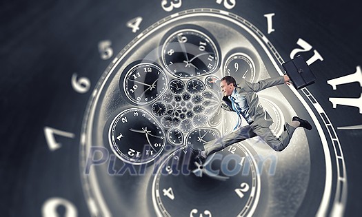 Concept of time with funny businessman running in a hurry Concept of time with funny businessman running in a hurry