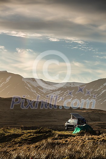 Highlands of Scotland - someone found a lovely spot for tonight - camper and a tent in a splendid landscape