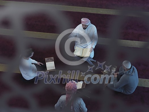 top view of muslim people in mosque reading quran together concept of islamic education and school of holly book kuran top view of muslim people in mosque reading quran together concept of islamic education and school of holly book kuran