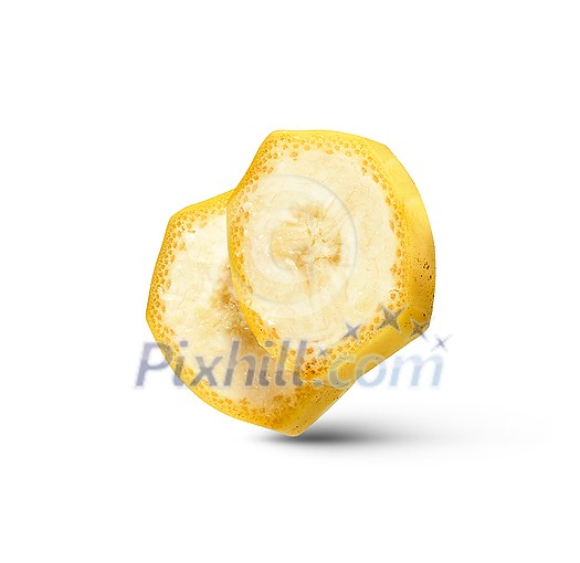 Two close-up cut slices of freshly picked natural organic banana fruit isolated on a white background with soft shadows, copy space. Vergan healthy food concept. Two close-up cut slices of freshly picked natural organic banana fruit isolated on a white background with soft shadows, copy space. Vergan healthy food concept.
