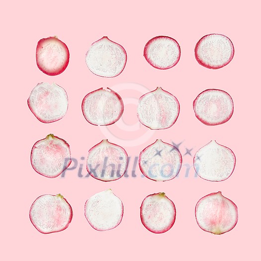 Fresh square vegetable pattern from home grown fresh natural organic radish slices on a pastel pink background. Vegetarian concept. Fresh square vegetable pattern from home grown fresh natural organic radish slices on a pastel pink background. Vegetarian concept.