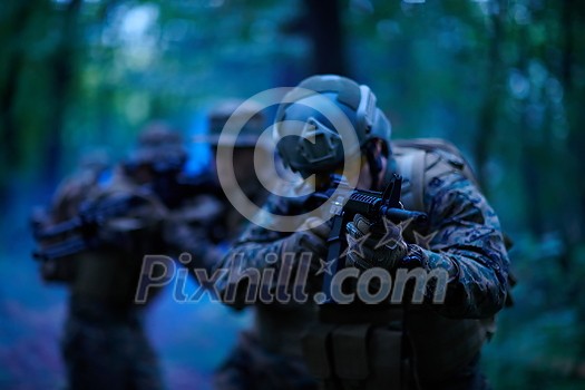 Modern warfare Soldiers Squad Running as Team in Battle Formation Modern warfare Soldiers Squad Running as Team in Battle Formation