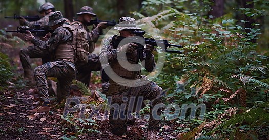 Modern warfare Soldiers Squad Running as Team in Battle Formation Modern warfare Soldiers Squad Running as Team in Battle Formation
