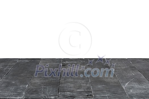 Dark grey empty old wooden table on a white background for demonstration and montage your products and things. Used focus stacking to create full depth of field. Dark grey empty old wooden table on a white background for demonstration and montage your products and things. Used focus stacking to create full depth of field.