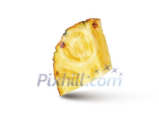 One close-up cut slice of freshly picked natural organic pineapple fruit isolated on a white background with soft shadows, copy space. Vergan healthy food concept. One close-up cut slice of freshly picked natural organic pineapple fruit isolated on a white background with soft shadows, copy space. Vergan healthy food concept.