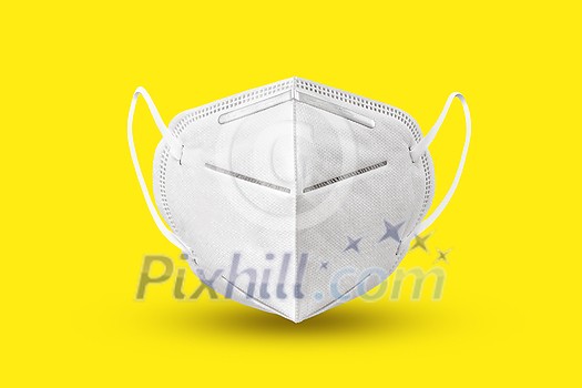 Medical antibacterial protective face mask floating above yellow background with soft shadows, copy space. Concept of prevention from respiratory sickness and viruses. Medical antibacterial protective face mask floating above yellow background with soft shadows, copy space. Concept of prevention from respiratory sickness and viruses.