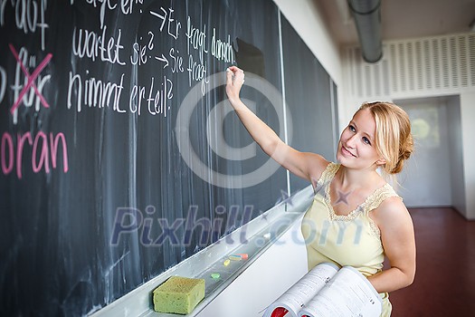 Pretty young teacher writing on the chalkboard/blackboard during class (shallow DOF; color toned image) Pretty young teacher writing on the chalkboard/blackboard during class (shallow DOF; color toned image)