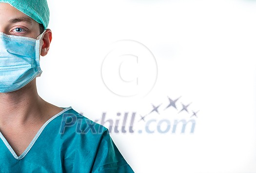 Young male doctor holding a clipboard and wearing a medical face mask isolated on white background Young male doctor holding a clipboard and wearing a medical face mask isolated on white background