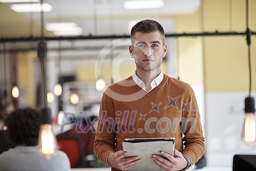 businessman portrait in modern startup business coworking space with bulb decoration representing concept of innovation and idea businessman portrait in modern startup business coworking space with bulb decoration representing concept of innovation and idea
